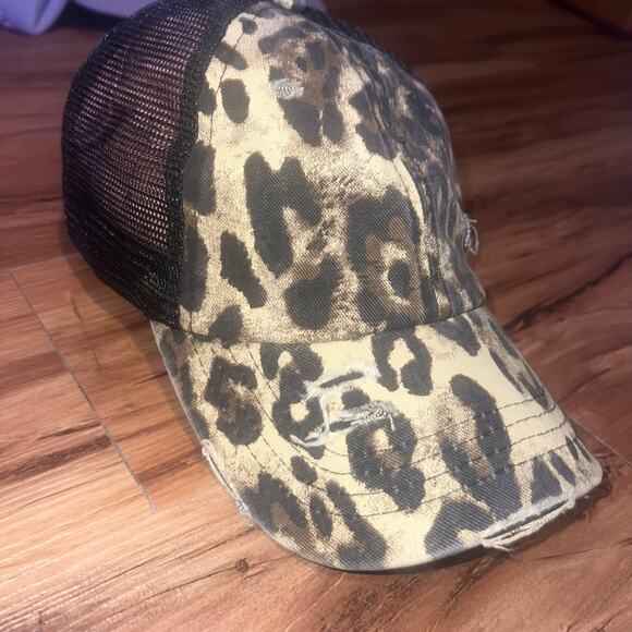C.C. Leopard Print Trucker Hat Crisscross Ponytail Distressed Mesh Back Cap - Picture 4 of 9